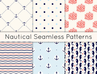 Set of 6 vector seamless nautical patterns with anchors, sea horses, corals, hearts, wavy lines and polka dot. Vintage maritime collection of backgrounds in minimalistic style.