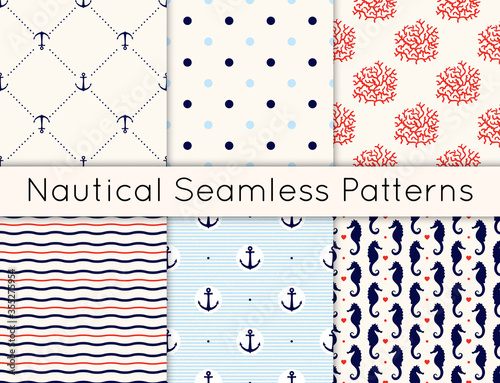 Fotomural Set of 6 vector seamless nautical patterns with anchors, sea horses, corals, hearts, wavy lines and polka dot