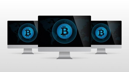 Wall Mural - Digital world desktop device with cryptocurrency mining coin. Realistic computer monitor with digital money symbol in screen and light gradient background.