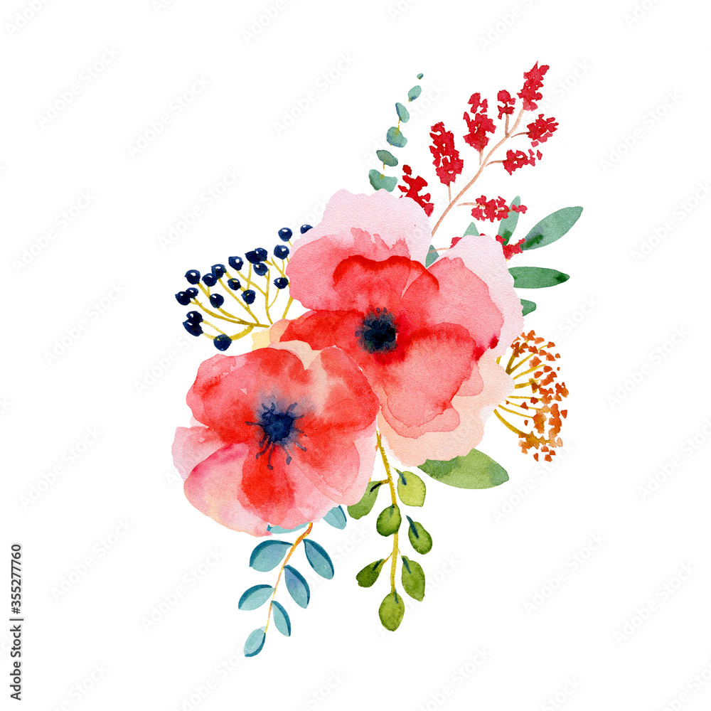 Watercolor red poppy flower clipart. Red meadow sumemr floral clipart .  Boho wedding invitation bouquet DIY PNG Stock Illustration | Adobe Stock, image size:1000x1000