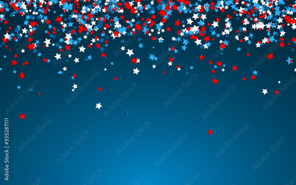 Celebration confetti in national colors of USA. Holiday confetti in US flag colors. 4th July independence day background - obrazy, fototapety, plakaty 