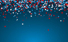Celebration Confetti In National Colors Of USA. Holiday Confetti In US Flag Colors. 4th July Independence Day Background