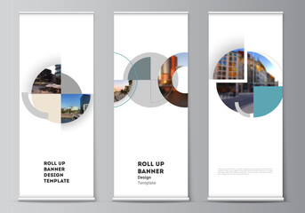 Poster - Vector layout of roll up mockup design templates for vertical flyers, flags design templates, banner stands. Background with abstract circle round banners. Corporate business concept template.