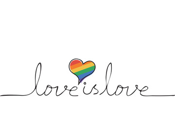 Handwriting text Love is Love with heart shape colored in six rainbow colors isolated on white background. Copy space for design or text. LGBT and pride celebration concept. Flat vector illustration