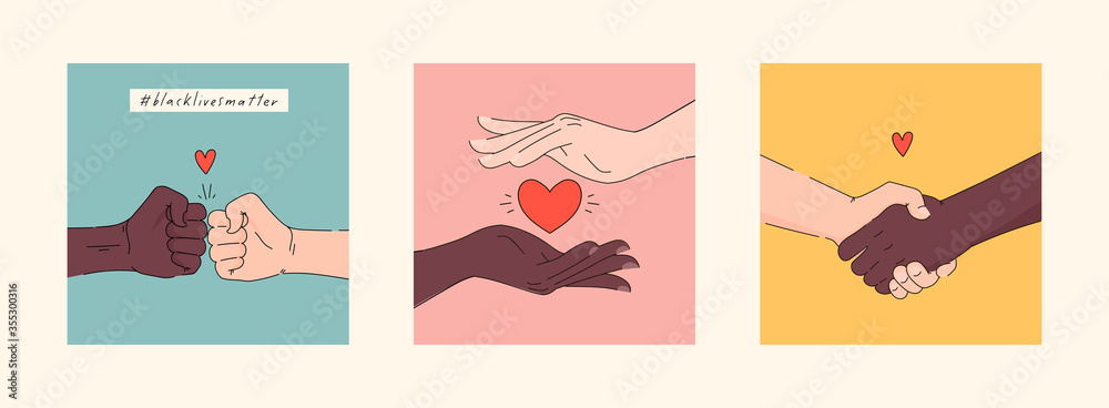 Black lives matter hand drawn poster, card collection. Hashtag blm stylised set. Black and white hands together concept. Campaign against racial discrimination of dark skin color. Vector Illustration. - obrazy, fototapety, plakaty 