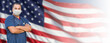 © Andy Dean - Doctor or Nurse Wearing Medical Personal Protective Equipment (PPE) Against The American Flag Banner