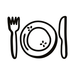 Sticker - Plate with cutlery line style icon vector design