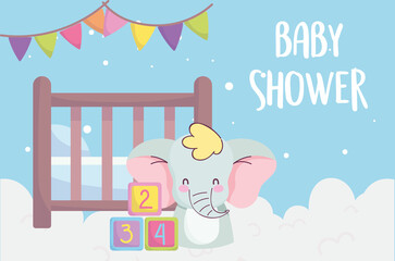 Sticker - baby shower, cute elephant crib blocks clouds decoration, announce newborn welcome card