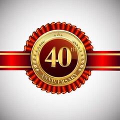 Celebrating 40th anniversary logo, with golden badge and red ribbon isolated on white background.