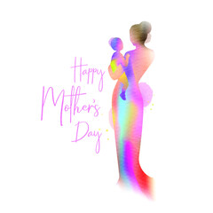 Wall Mural - Happy mother's day. Happy mom with her child silhouette plus abstract watercolor painted. Double exposure illustration. Vector illustration.