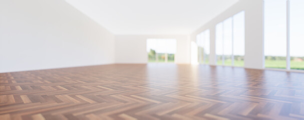 3d rendering of empty room and wood floor shiny reflection with clear glass door in perspective view, clean and new condition use to background.