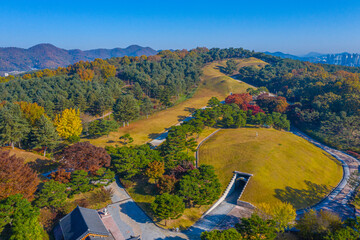 Aerial view of Tomb of King Muryeong in Gongju, Republic of Korea