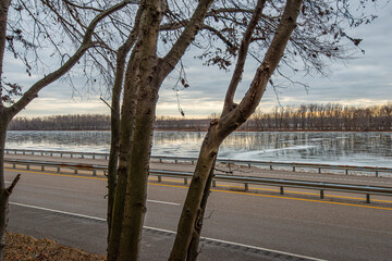 Winter scene of a frozen Mississippi river reflecting the far river bank and sky, contrasting with two trees in partial silhouette in the foreground,  near Alton Ilinois