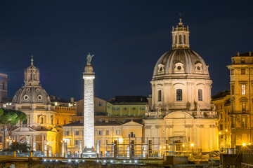 Beautiful night view of Trajan's Forum ruins (Foro di Traiano) - Rome, Italy