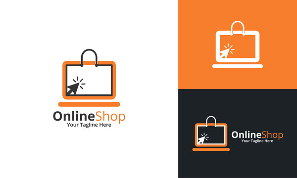 Online Shop Logo designs Template. Illustration vector graphic of computer and shop bag combination logo design concept. Perfect for Ecommerce, sale, discount or store web element. Company emblem.