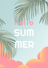 Summer botanical typographic poster, tropical plants with hello summer lettering