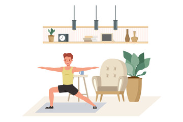 Man exercising at home character vector design. Healthy lifestyle and wellness concept.