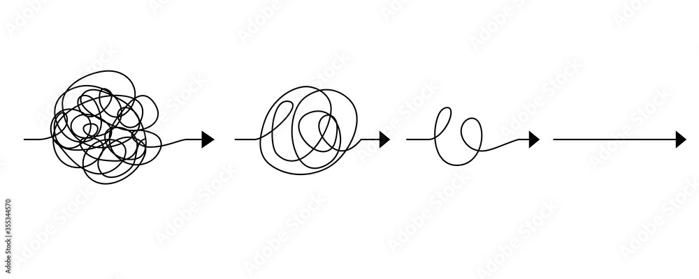 scribble line doodles. the concept of transition from complicated to simple, isolated on white background. vector illustrations - obrazy, fototapety, plakaty 