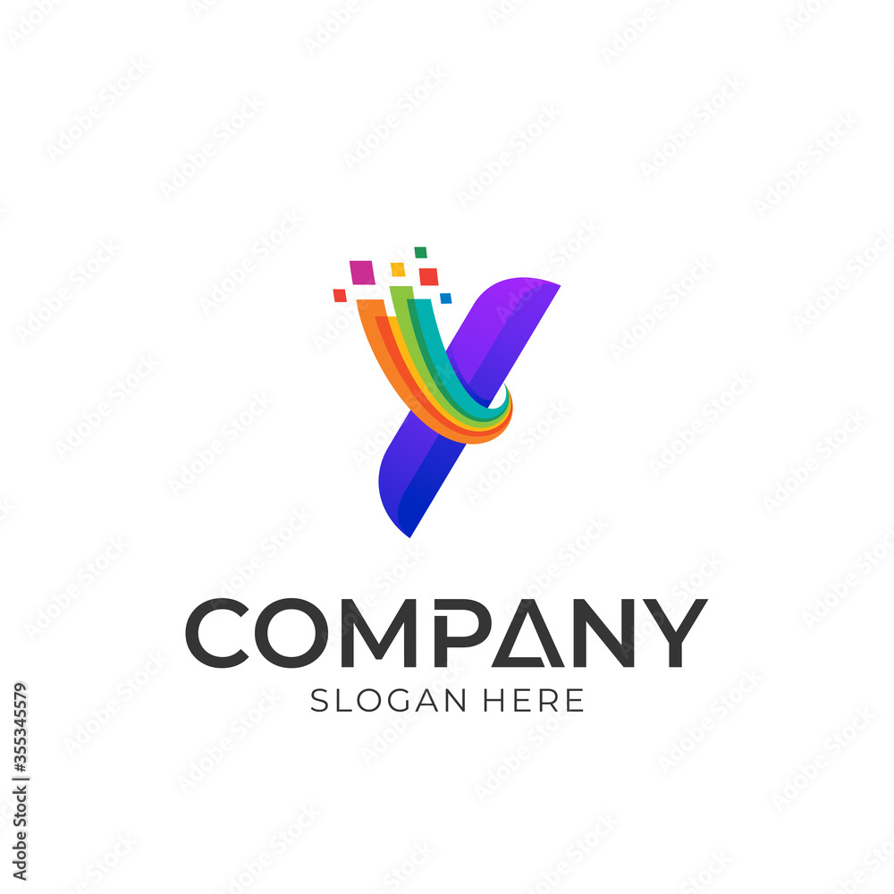 Vector logo of initial letter y with colorful pixel motion. Modern ...