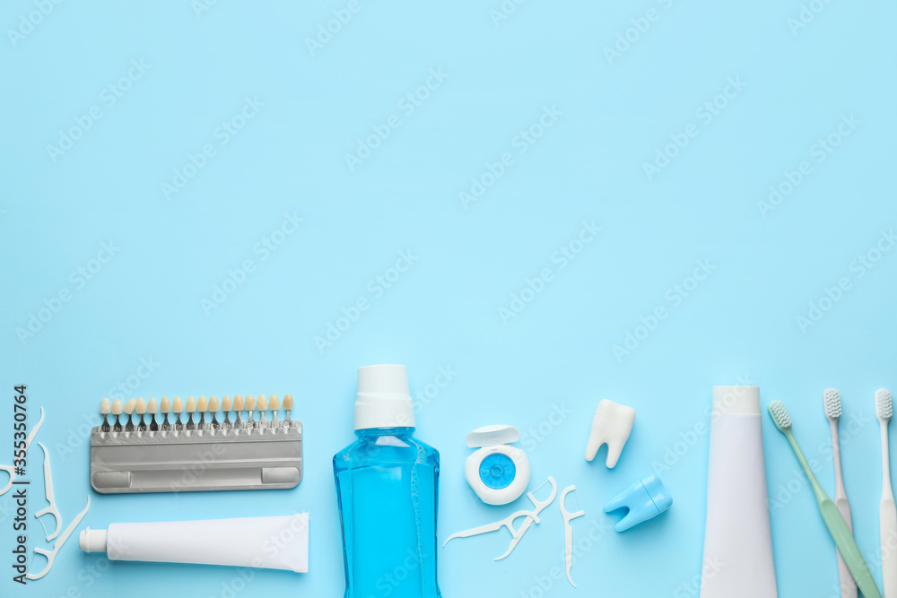 Set for oral hygiene on color background
