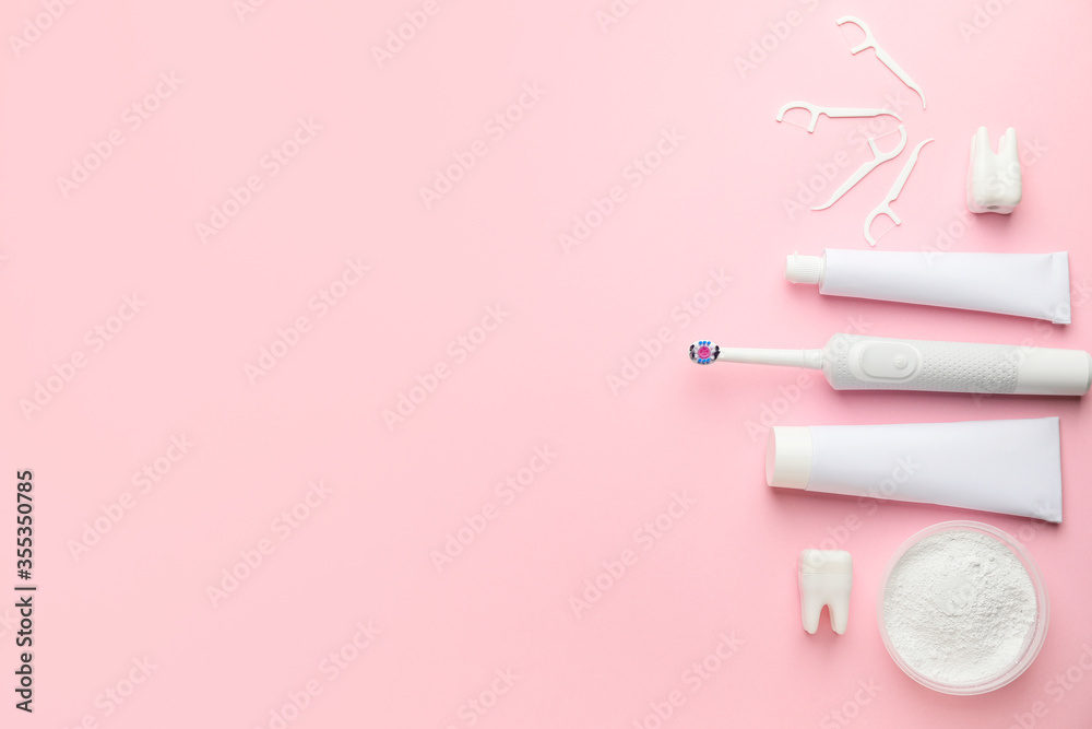 Set for oral hygiene on color background