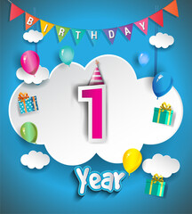 1st Anniversary Celebration Design, with clouds and balloons, confetti. Vector template elements for birthday celebration party.