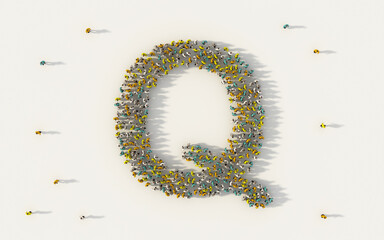 Wall Mural - Large group of people forming letter Q, capital English alphabet text character in social media and community concept on white background. 3d sign symbol of crowd illustration from above