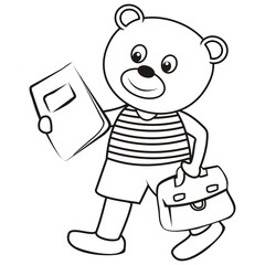 Wall Mural - Bear holds bag and workbook, coloring book for children, vector illustration