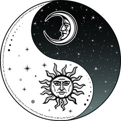 Wall Mural - Mystical drawing: Stylized sun and moon with human face, day and night. Zen symbol. Ying yang sign of harmony and balance. Monochrome Vector Illustration isolated on a white background