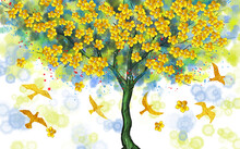 Green Drawn Tree With Yellow Flowers On A Spotty Background, Golden Birds