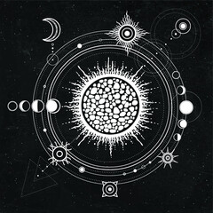 Wall Mural - Mystical drawing: stylized Solar system, moon phases, orbits of planets, energy circle. Sacred geometry.  Background - black star sky. Vector illustration. Print, poster, T-shirt, card.