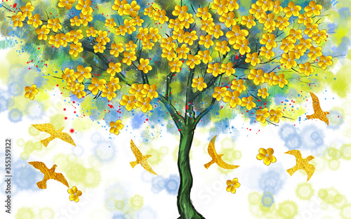 Green drawn tree with yellow flowers on a spotty background, golden birds