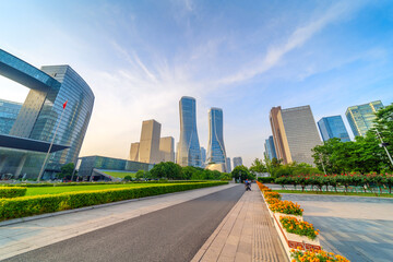 Wall Mural - Highway and city skyline, Hangzhou, China cityscape.