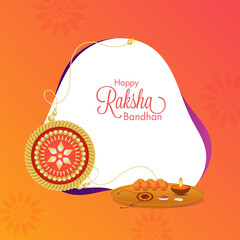 Canvas Print - Happy Raksha Bandhan Font with Beautiful Golden Rakhi and Worship Plate on Orange Background.