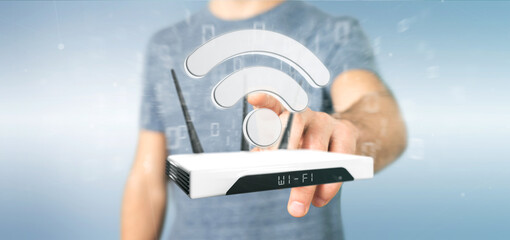 Poster - businessman holding a wifi router and data - 3d rendering