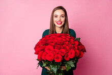 Photo Of Charming Attractive Lady Red Bright Lipstick Enjoy Large Hundred Roses Bouquet Boyfriend 8 March Present Wear Green Dress Isolated Pastel Pink Color Background