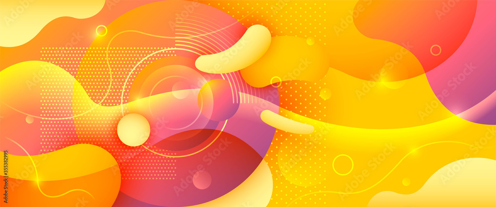 Abstract yellow background design made of wavy shapes and circles. Vector illustration. - obrazy, fototapety, plakaty 