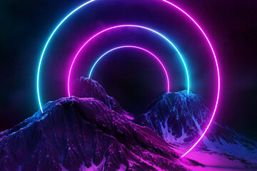 Abstract background with blue and pink neon light circles reflecting on snowy mountains 3D rendering