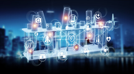 Poster - Medical analysis tubes samples holographic projection on blue background 3D rendering