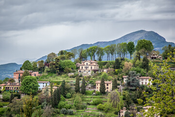 Wall Mural - Beautiful view of Bergamo (Upper city) from the San Vigilio Park. Bergamo, Lombardy, Italy