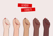 Woman hands clenched fists, feminist protest, support girls. Female power diversity, raised fist strong girl concept international woman day. Anti racism, stop discrimination, xenophobia vector