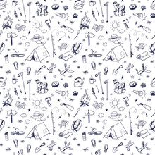 Hand Drawn Doodle Camping Vector Elements Seamless Pattern With Bonfire, Adventure, Hiking And Touristic Equipment