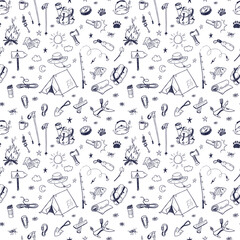 Wall Mural - hand drawn doodle camping vector elements seamless pattern with bonfire, adventure, hiking and touri