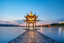 Jixian Pavilion And Sunset In West Lake Of Hangzhou