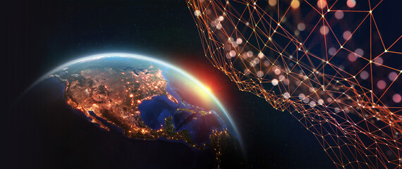 Aufkleber - Global network in orbit of planet earth. View from space at night city and sunrise. 3D illustration. Elements of this image are furnished by NASA