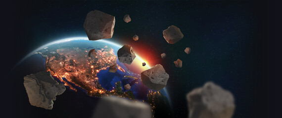 Poster - Deep space. Asteroids near planet Earth. Continent North America. A view of globe from space. Elements of this image are furnished by NASA