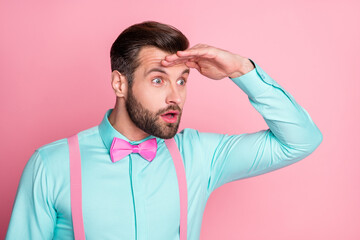 Poster - Omg unbelievable sales. Astonished guy hold hand forehead see incredible discounts impressed stare stupor wear good look clothes isolated over pastel color background