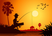 Boy Fishing Happily Around With Country Rural Life In Silhouette Style,vector Illustration