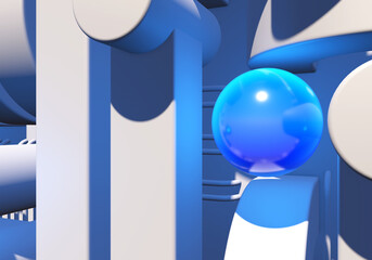 Poster - White industrial or technology abstraction with shiny blue balls and connection pipes. 3D illustration