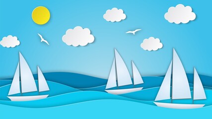 Sailboat in the sea. Sun, clouds. Paper cut illustration for advertising, travel, tourism, cruises, travel agency Vector illustration